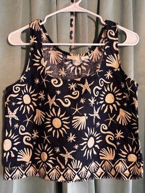 C&C California 100% Linen Tank Top Navy Sun Star Print Sleeveless Small
